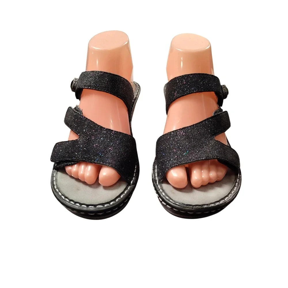 Alegria Wedge Sandals Womens 38 Black Glitter Leather LOT-699 Comfort